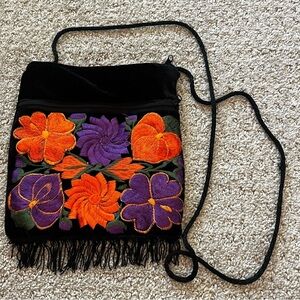 Velvet Embroidered Black Floral Crossbody Handbag Floral Purple Orange Fringed